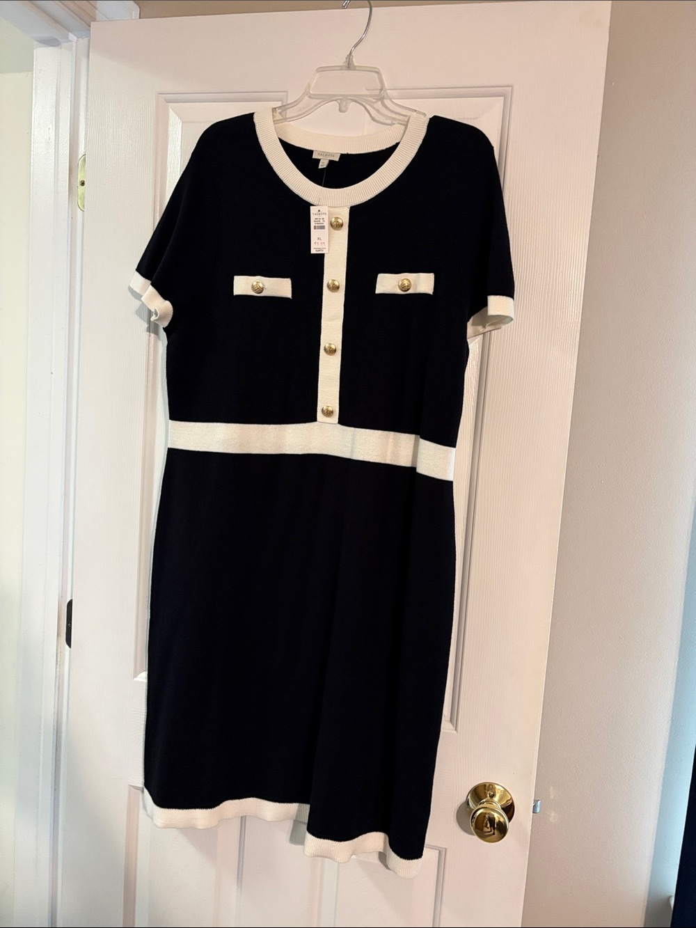 Talbots Black and White Knit Midi Dress with Gold Buttons
